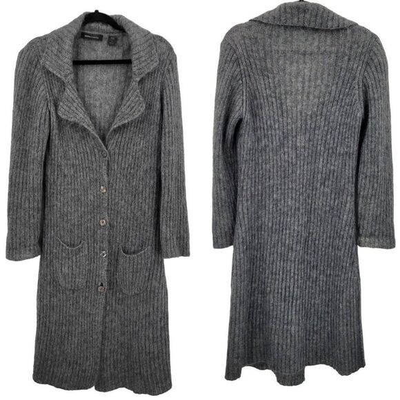 Vintage Moda International Mohair Duster Cardigan L Gray Button Down Pockets - Picture 12 of 13